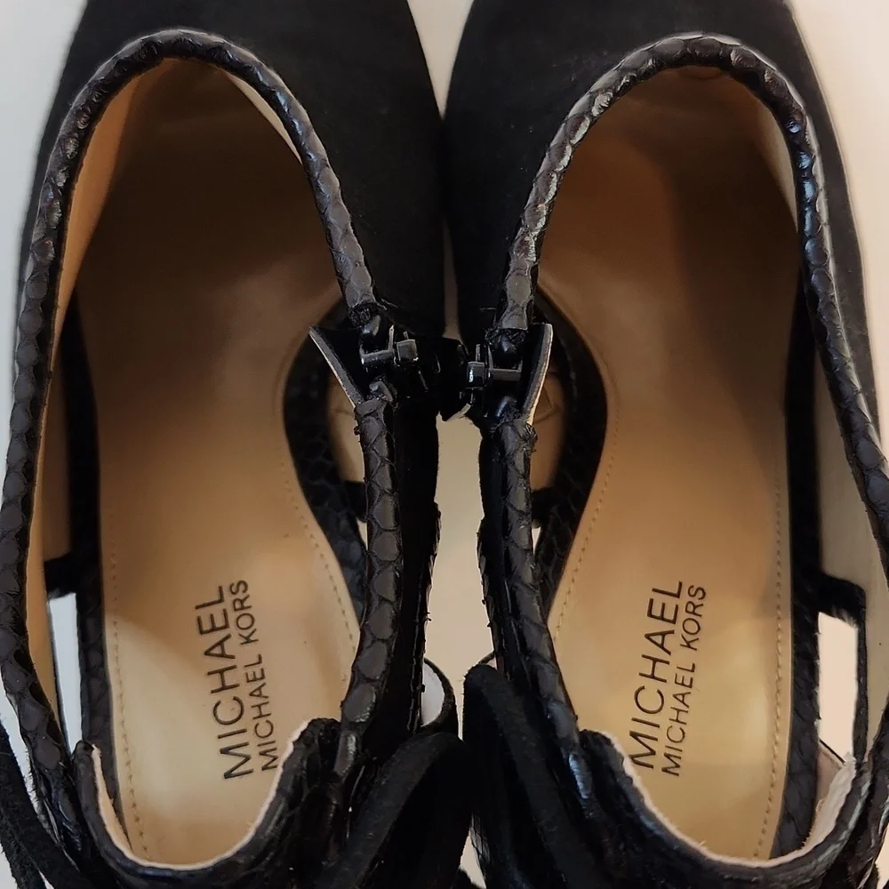 Michael Kors Open Toe Leather & Suede Boot Heels Shoes SZ 8M EU 38.5M EUC NICE!